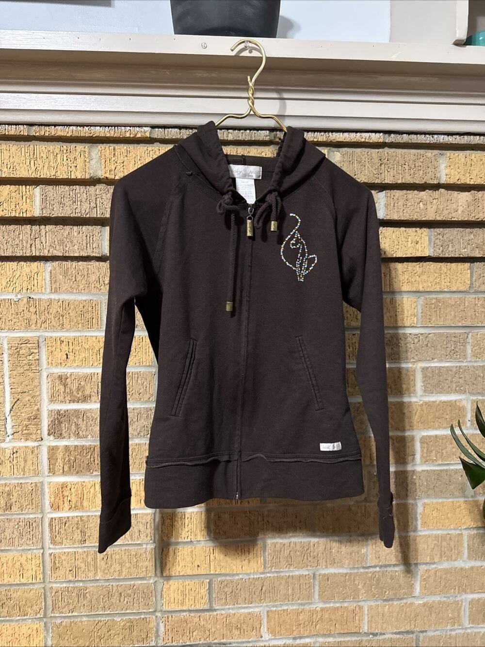 Y2k Baby Phat Full Zip Up Sweater Hoodie Size M Gold Ringstones Logo Pockets